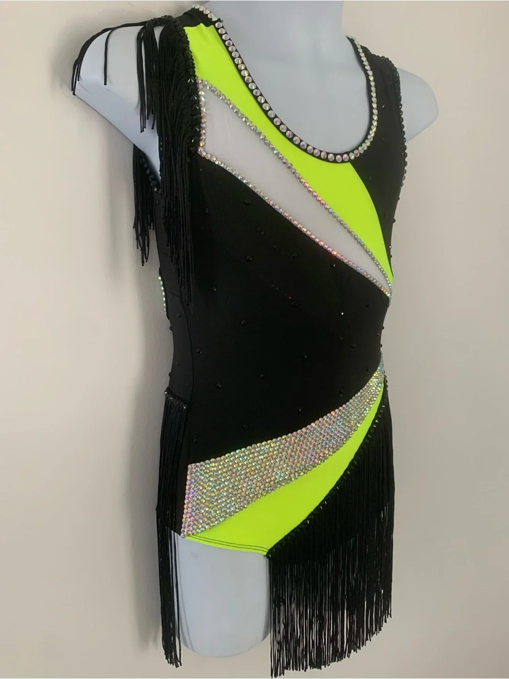 Child's Fringe Dance Costume: Black, Yellow, Rhinestone Acro Jazz MT Outfit